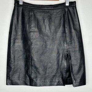 Vintage Sequence 100% Genuine Leather Black High Rise Zip Slit Pencil Skirt 12
